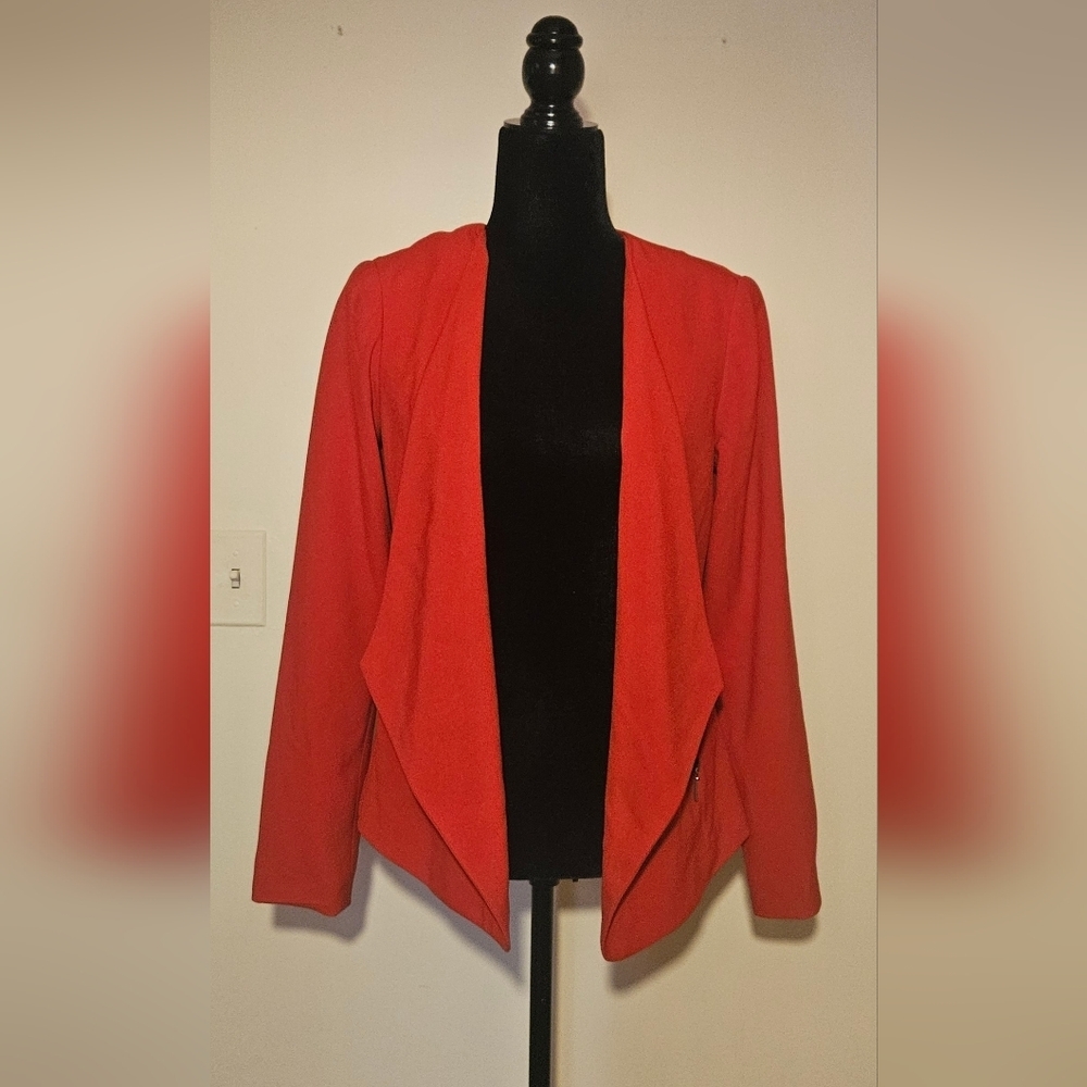 Red open front blazer with zipper side pocket details size 8
